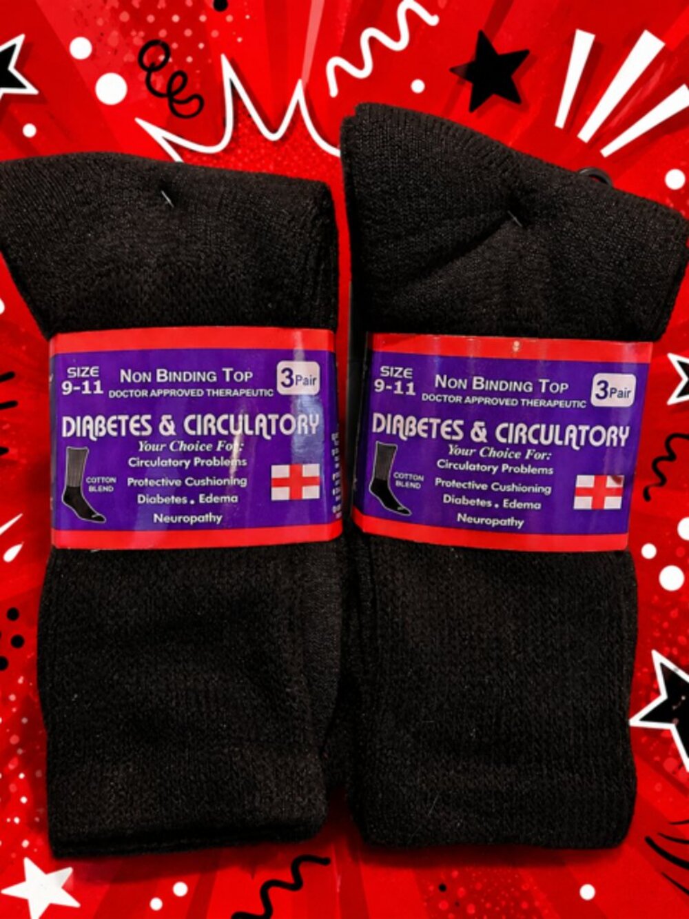 6 Pair Black Diabetes & Circulatory Socks 9-11 NWT